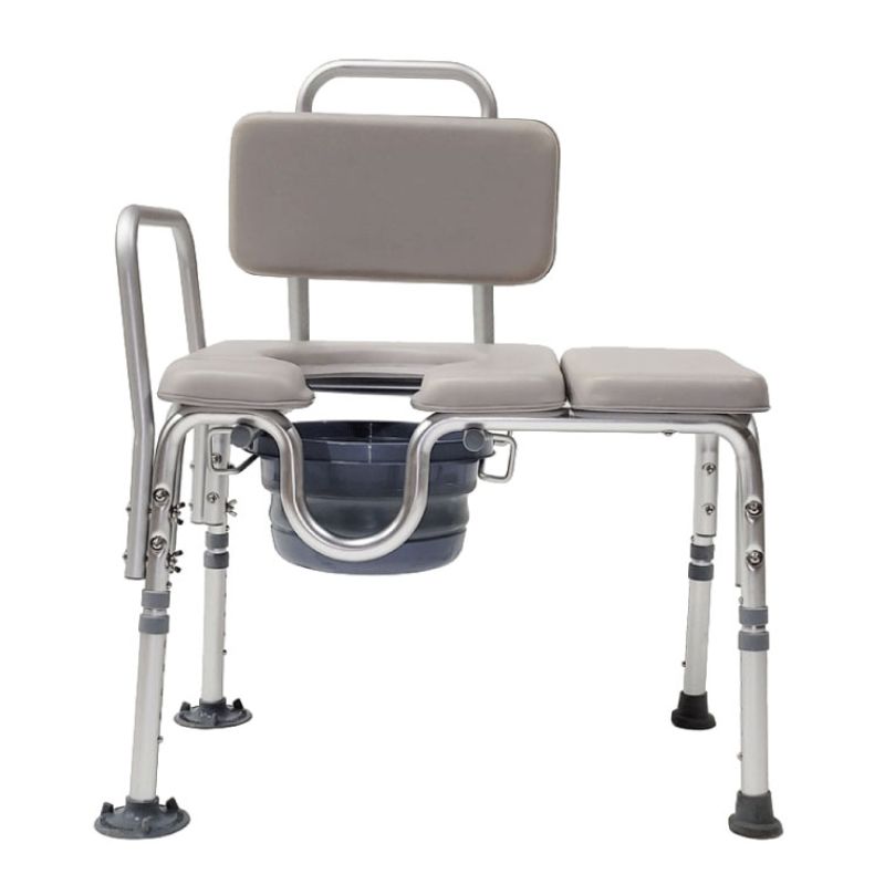 A transfer bench with a padded seat and removable pan, enhancing bathroom safety from Core Medical Equipment in Ottawa.