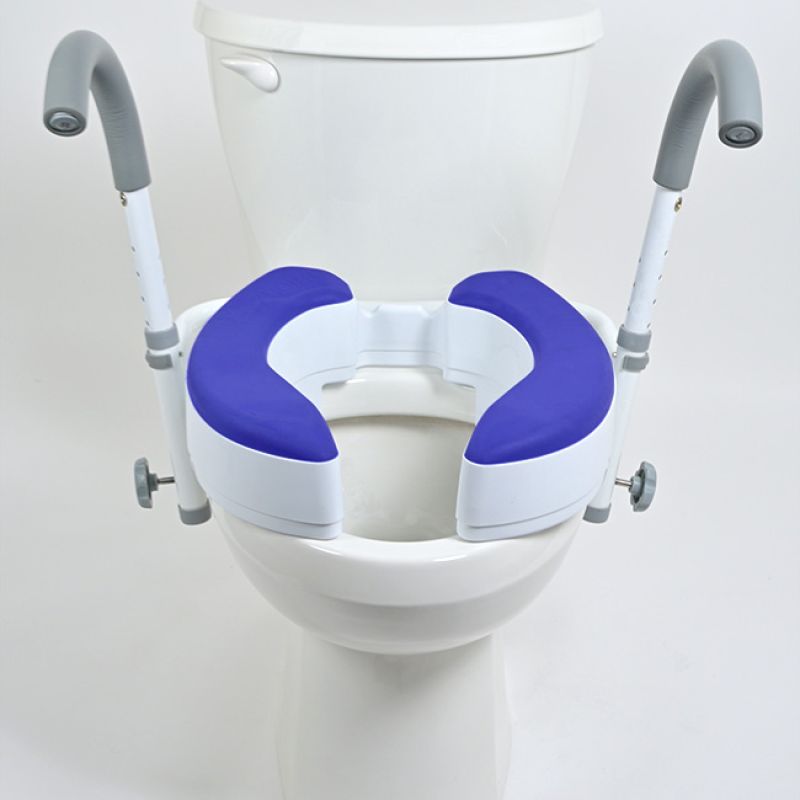 A raised toilet seat with blue padding and handles enhances bathroom safety, available from Core Medical Equipment in Ottawa.