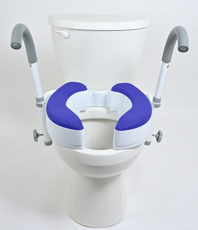 A raised toilet seat with blue padding and handles enhances bathroom safety, available from Core Medical Equipment in Ottawa.