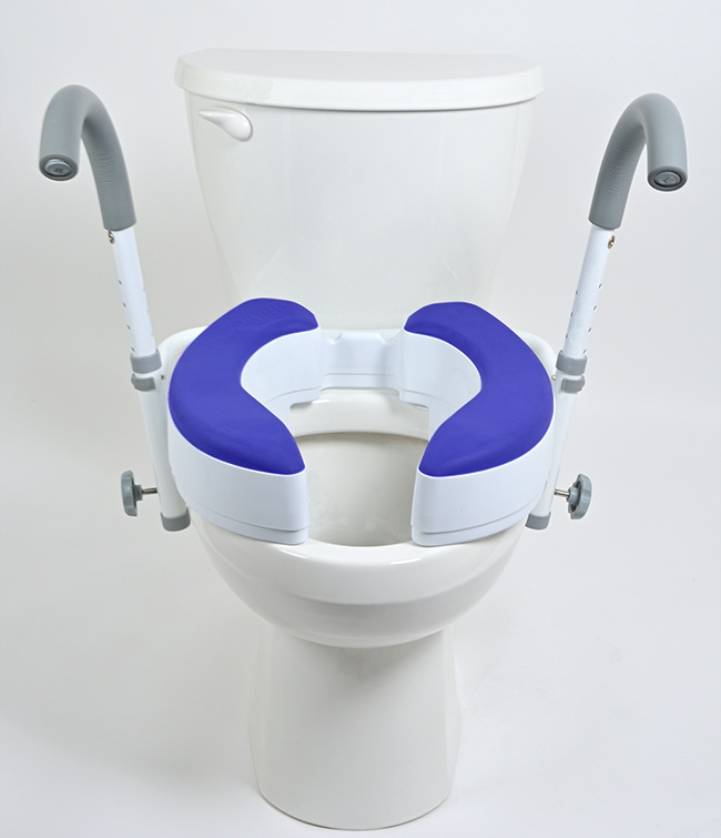 A raised toilet seat with blue padding and handles enhances bathroom safety, available from Core Medical Equipment in Ottawa.
